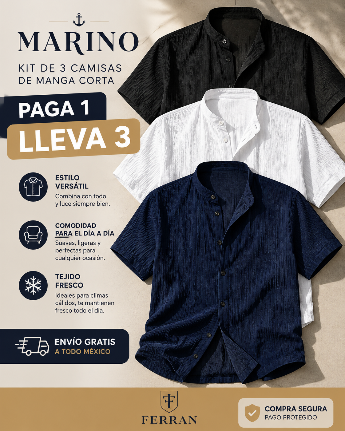 Marino | Kit de 3 Camisas de Manga Corta