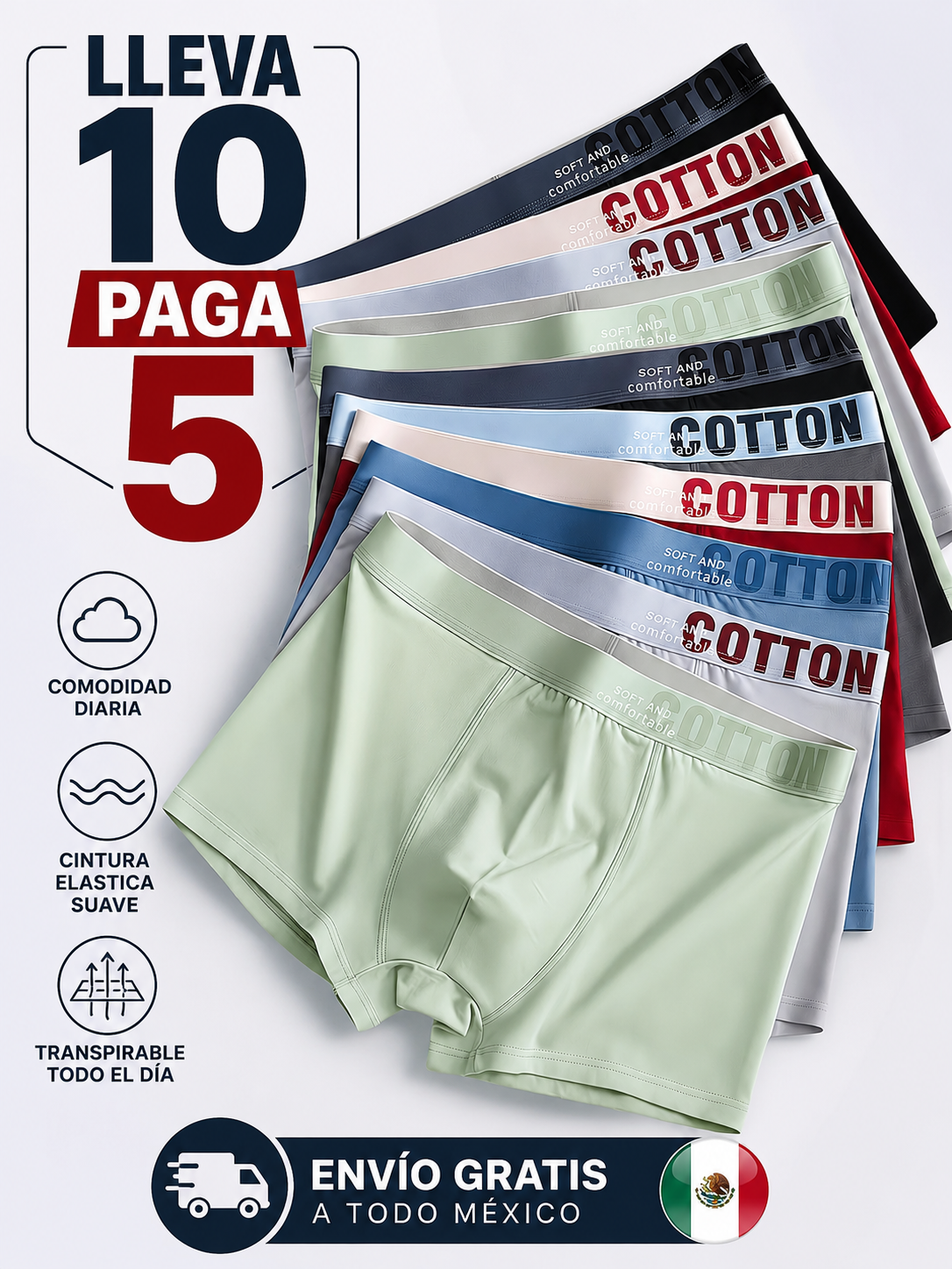 LLEVA 10 PAGA 5 | Bóxers COTTON Confort para Hombre | 95 % algodón y 5 % elastano, tejido cómodo y transpirable para uso diario