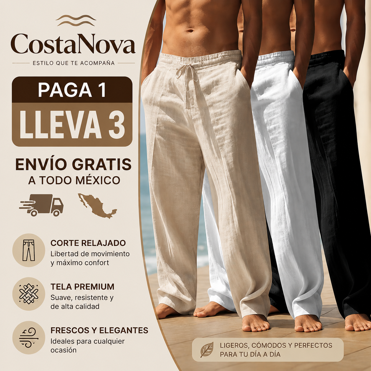 CostaNova™ | Kit de 3 Pantalones Resort